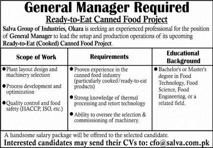Manager Jobs in Salva Group of Industries Okara